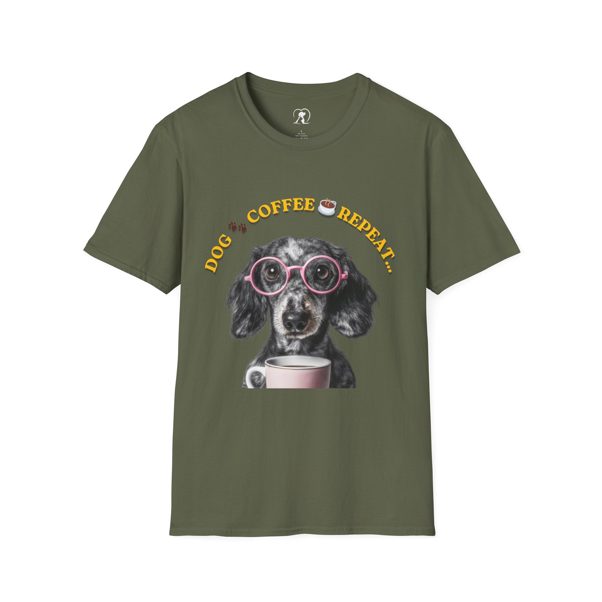 Dog, Coffee, Repeat T-Shirt – Cute Dachshund with Glasses Coffee Tee